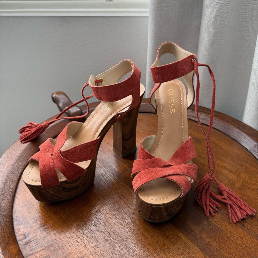 Guess Red Platform Sandals with Ankle Straps